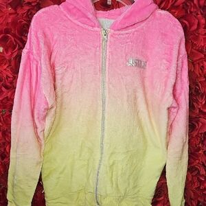 Justice Girls Pink and Yellow Cozy Hoodie Fleece Sweatshirt Size 12/14